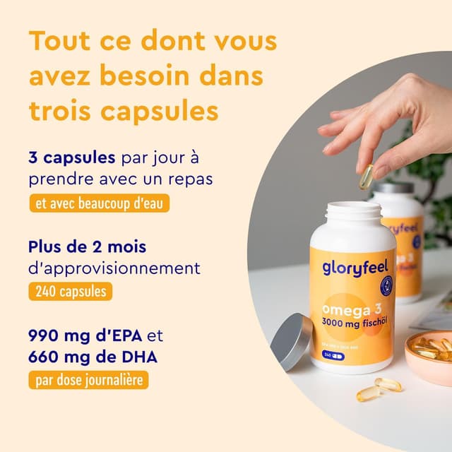 Detalle 2 de Oméga 3 capsules hautement dosées — 3000 mg d’huile de poisson (990 mg EPA + 660 mg DHA), 240 gélules