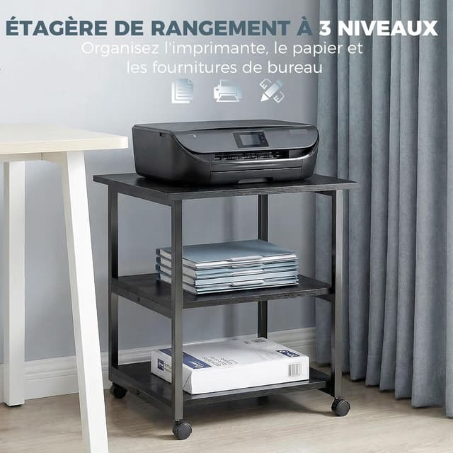 Detalle de HOMCOM support d’imprimante sur desserte mobile 3 niveaux 50 x 50 x 52,5 cm noir
