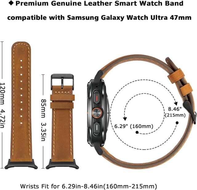Detalle de Tasikar Genuine Leather Band for Samsung Galaxy Watch Ultra 47mm (20mm) – Compatible leather watch strap with quick release pins