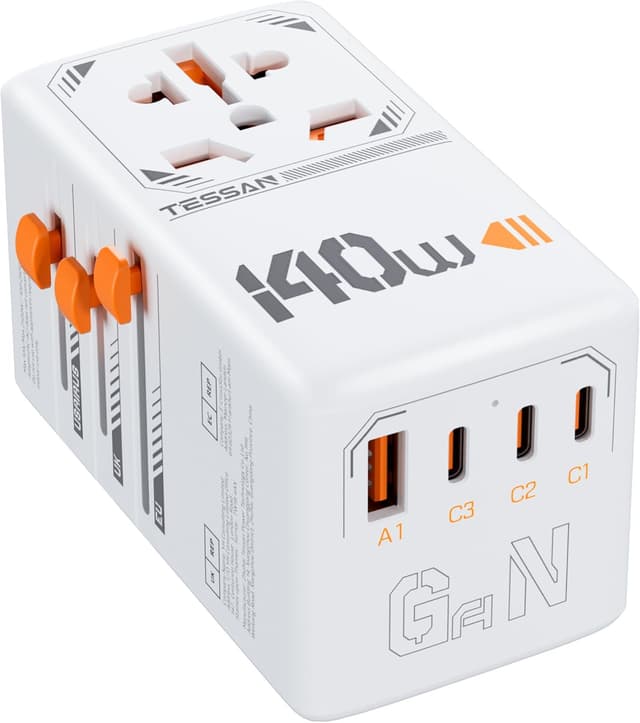 Detalle de TESSAN Universal Travel Adapter 140W with USB-C ports 🔌