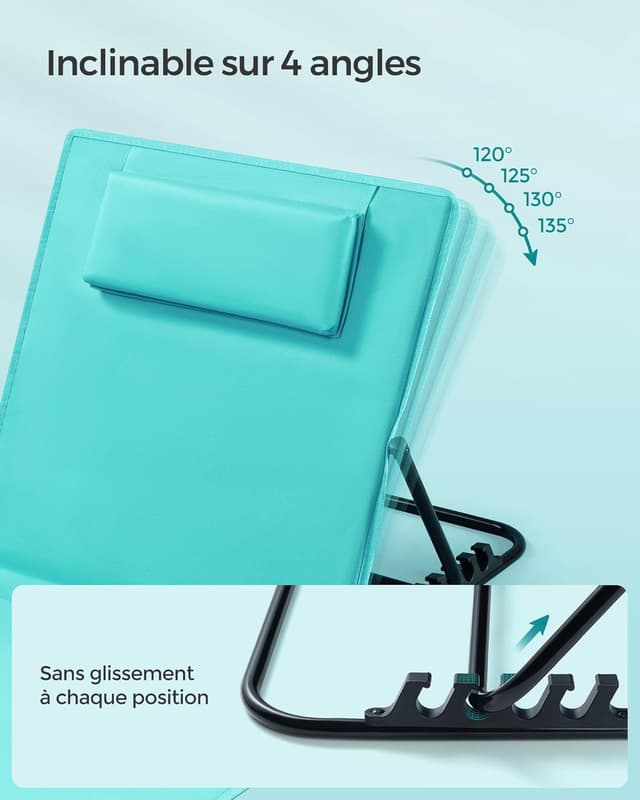 Detalle de SONGMICS Chaises longues de plage GCB251C01 (lot de 2), transats pliants avec appui-tête et dossier inclinable