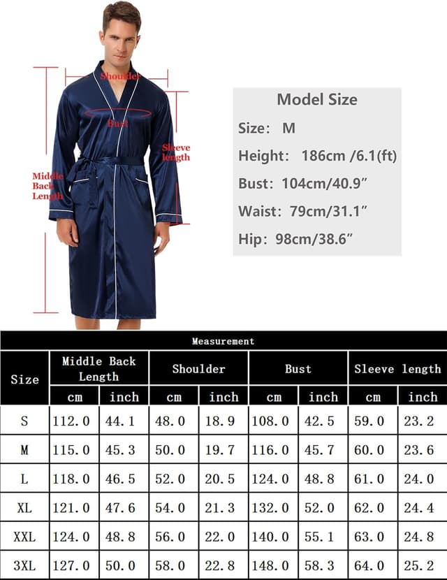 Detalle de Bresdk peignoir homme en satin léger à manches longues avec ceinture ajustable