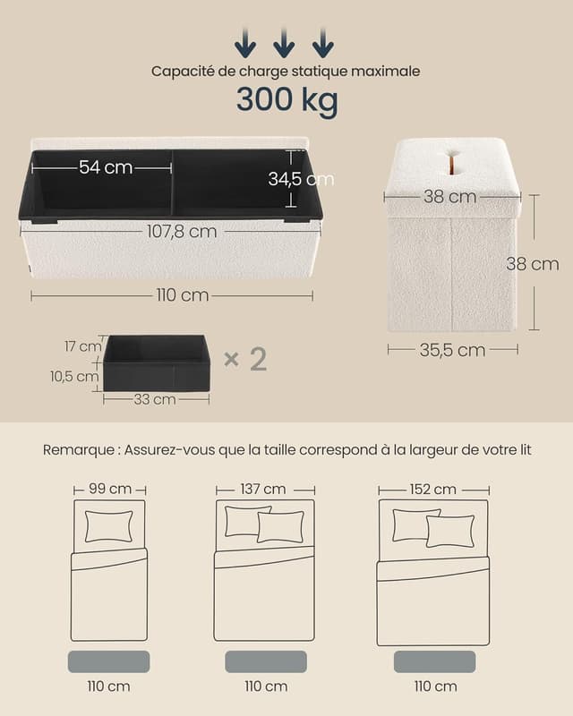 Thumbnail 2 de SONGMICS Tabouret de Rangement LSF097W01V1 blanc crème