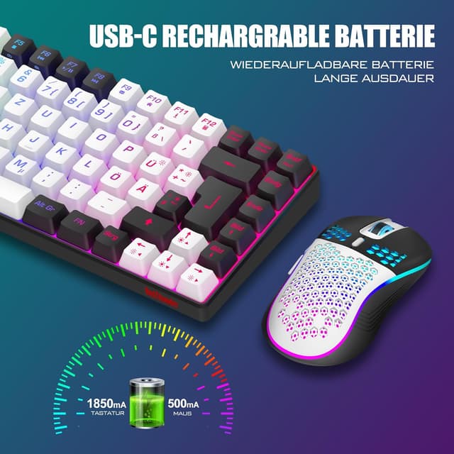 Detalle de RedThunder 75% kabelloses Gaming-Tastatur- und Maus-Set (DE TKL, 85 Tasten) inkl. 7-Farben Honeycomb-Maus, wiederaufladbar – Weiß/Schwarz