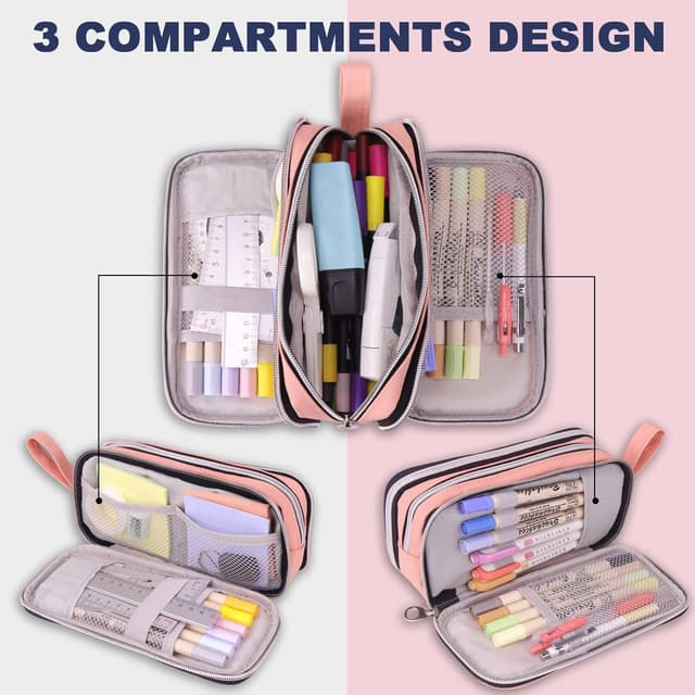 Detalle de COLOCASTLE Federmäppchen groß mit 3 Fächern (Rosa) – Pencil Case für Schule, Büro & Teenager