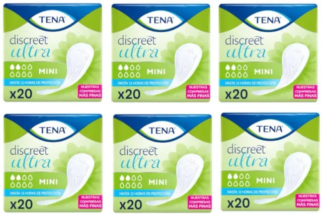 Detalle de TENA Discreet Ultra Mini Mujer 6x20 uds, compresa fina para pérdidas leves
