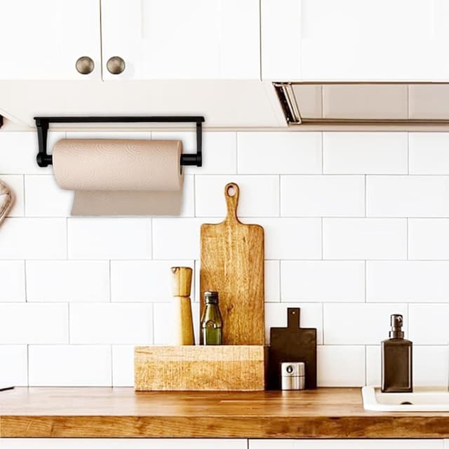 Detalle de MONEER Aluminum Alloy Under-Cabinet Paper Towel Holder (Black) — Self-Adhesive or Screw Mount