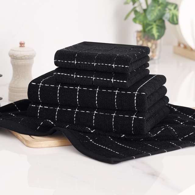Detalle 2 de Homaxy Kitchen Towels and Dishcloths Set (8-Piece) — 100% Cotton Terry Towels, Checkered Design, Black