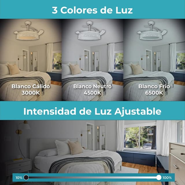 Detalle de LED ATOMANT ventilador de techo con luz LED 40W, motor DC 32W y 4 aspas retráctiles de Ø109 cm