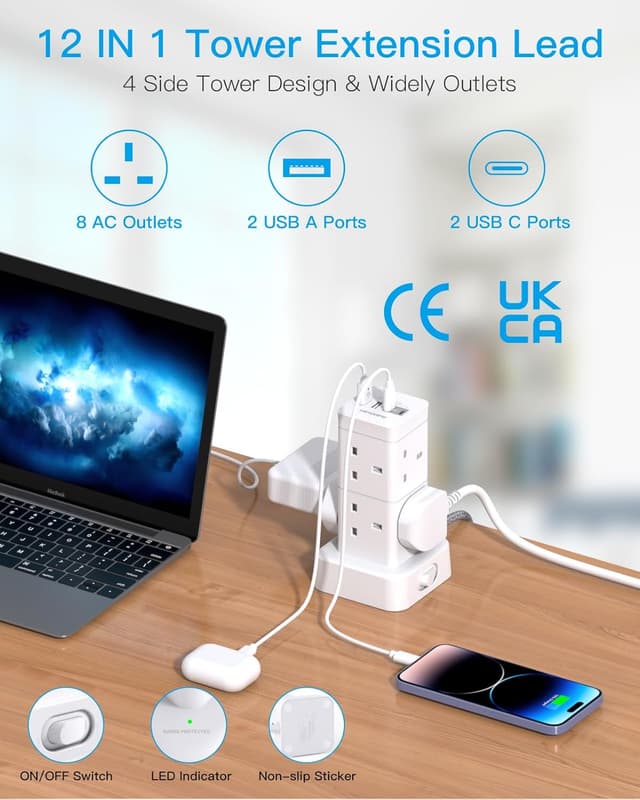 Detalle de Tower Extension Lead 5M 8 Outlets 3250W