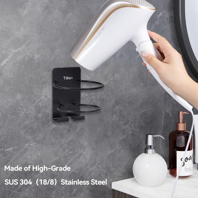 Detalle 2 de Tiilan Wall-Mount Hair Dryer Holder (SUS 304 Stainless Steel, Self-Adhesive) – Black