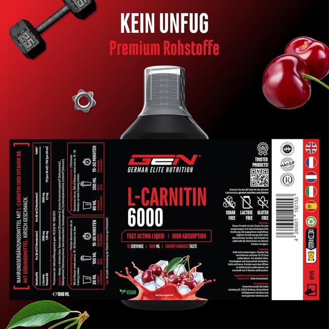 Detalle de L-Carnitine 6000 Liquid (Cherry Madness) – 1.000 ml Extra hochdosiert mit 6.000 mg L-Carnitin pro Tagesportion