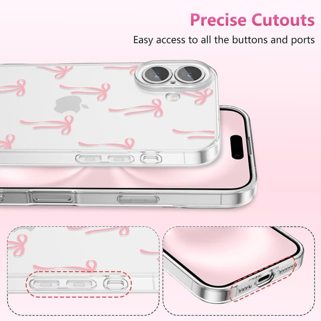 Detalle 2 de ZTOFERA Durchsichtige Hülle für iPhone 16 Plus (6,7") mit Schleifenmuster – weiches TPU, stoßfest, hellrosa