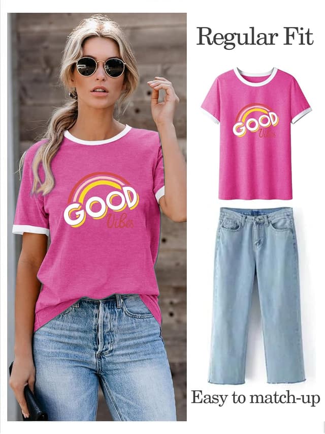 Detalle 2 de WIEIYM Women’s “Good Vibes” Rainbow Graphic T-Shirt with Round Neck (Short Sleeve)