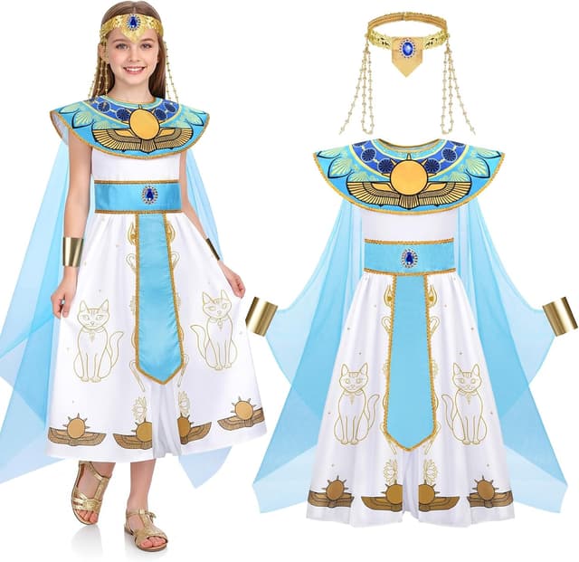 Detalle de WIKITOT Egyptian Costumes for Girls (Aged 5–13) – Full Egyptian dress-up set for World Book Day & Halloween