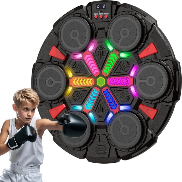 Detalle de SZJJX Music Punching Machine for Kids & Adults – Bluetooth wall-mounted boxing trainer with gloves, rhythm lights and 2 player mode