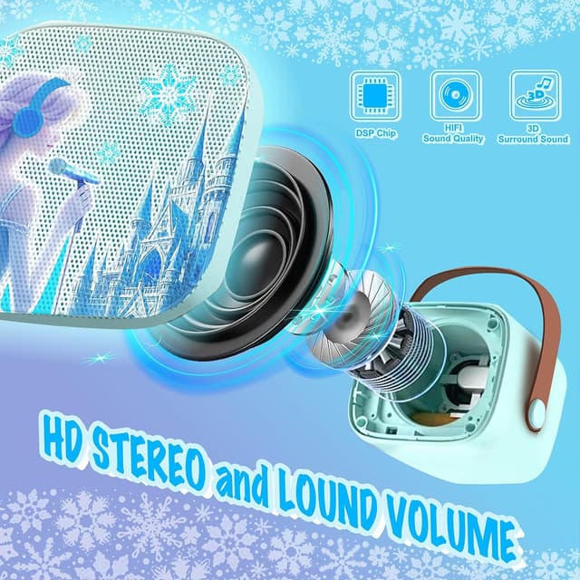 Detalle de CINKOLA Kids Frozen karaoke machine with 2 wireless microphones (Bluetooth, LED lights, voice effects)