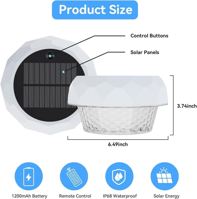 Thumbnail 5 de yowin Poolbeleuchtung Solar schwimmend mit Fernbedienung, dimmbar (IP68, 7 Farben, 3 Modi)