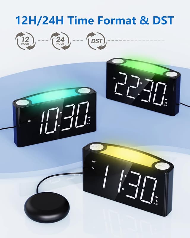 Detalle de Réveil numérique avec vibration pour dormeurs profonds et malentendants, chargeur C, format 12/24 h, écran LED grand format