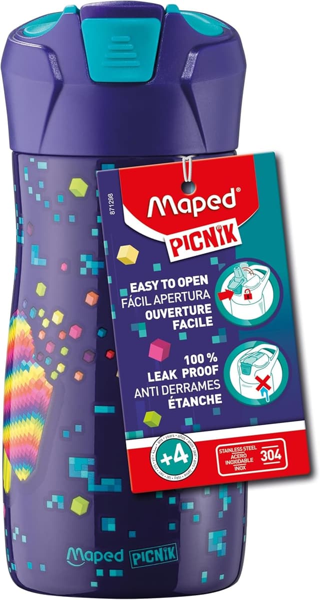Detalle de Maped Picnik Pixel Party – gourde enfant avec pipette, étanche, ouverture facile, 430 ml