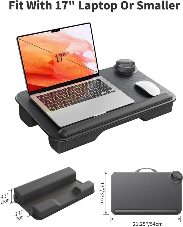 Detalle de SAIJI large leather desktop laptop tray with phone holder and wrist rest (supports up to 17-inch laptops)