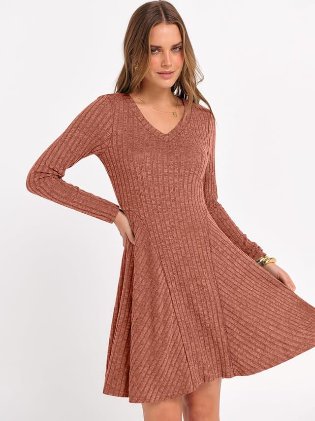 Detalle 1 de ANRABESS Knit Short Dress for Women, V-Neck, Long Sleeve, A-Line