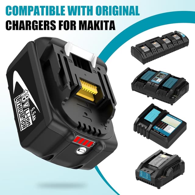 Detalle 2 de 2 batteries de rechange 18V 5,5Ah Li-ion pour outils Maki-TA (compatibles BL1850/BL1860B/BL1840/BL1830/BL1820B/BL1815) – pack de 2