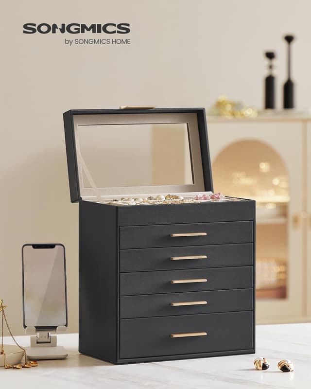 Detalle de SONGMICS GISELLA JBC171B01 Jewellery Box with Glass Lid, 6 Layers & 5 Drawers (Ink Black & Gold)