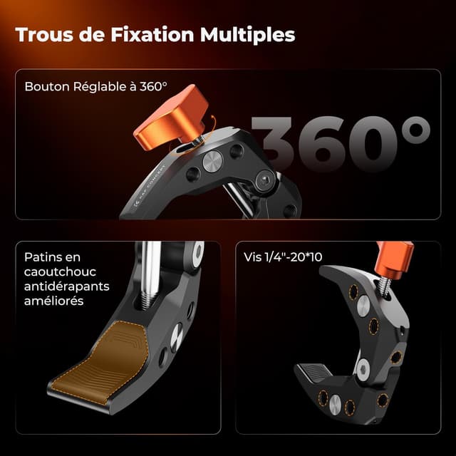 Detalle de K&F CONCEPT Twin-Pack Super Clamp avec pas de 1/4" – ouverture max. 60 mm