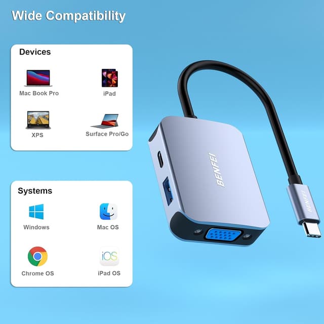 Detalle de BENFEI Hub USB-C 4in1 con HDMI 4K, VGA e USB 3.0 fino a 5 Gbps + Power Delivery 60W (grigio)