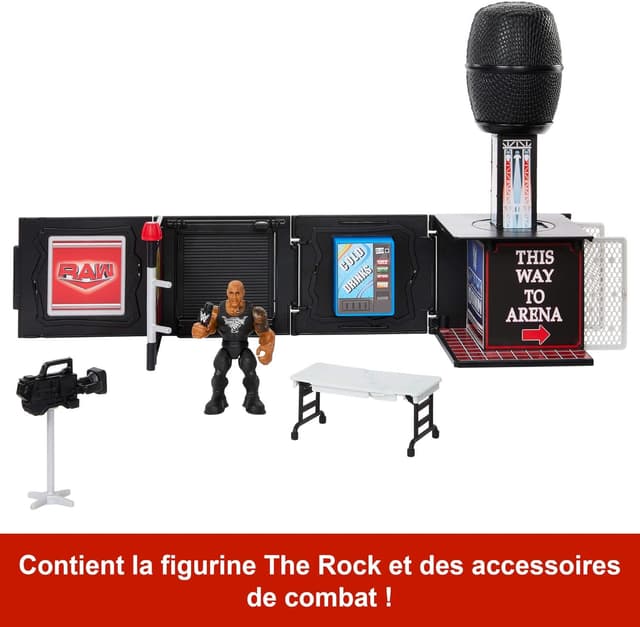 Detalle de Coffret Microphone Boss Final Knuckle Crunchers JFX07 avec figurine articulée The Rock (8 cm) et accessoires WWE
