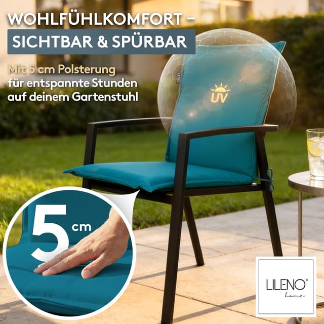 Detalle de LILENO HOME Gartenstuhl Auflagen 4er-Set für Niedriglehner (Petrol) – bequeme Sitzauflagen für Gartenstühle und Klappstühle MIA