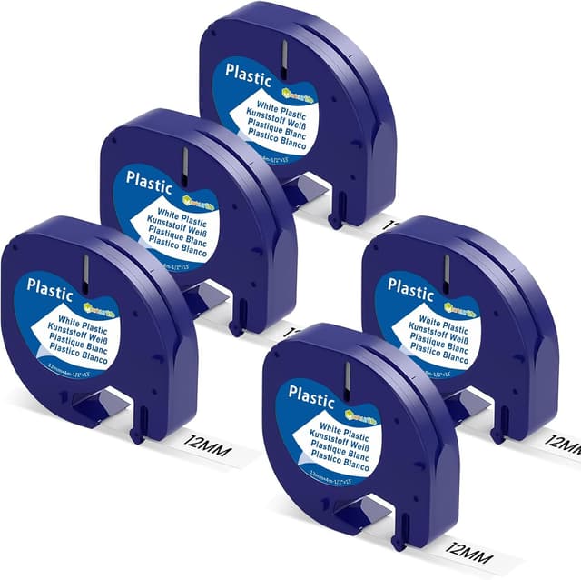 Detalle de A91221 White Plastic Etikettenband 12 mm x 4 m (kompatibel mit Dymo LetraTag & weiteren Geräten) – wasserfest & UV-beständig