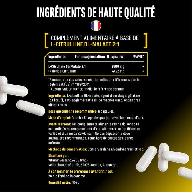 Detalle de L-Citrulline Ultra Caps (DL-Malate 2:1) – 365 gélules, dose 1 100 mg par capsule