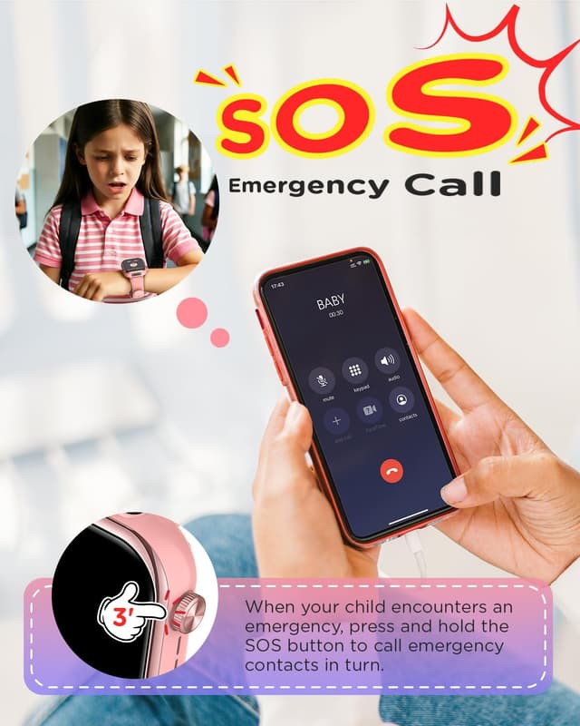 Detalle de Montre connectée enfant GPS 4G whraills avec appels vidéo, mode école et SOS (IP68) – Rose