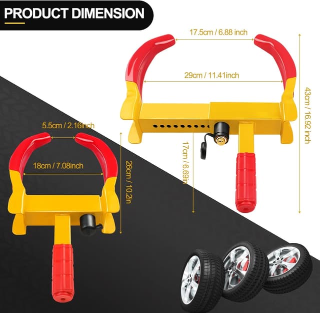 Detalle 2 de MAIKEHIGH Sabot antivol de roue réglable (2 à 12,2 pouces) avec 3 clés pour voiture, caravane, remorque