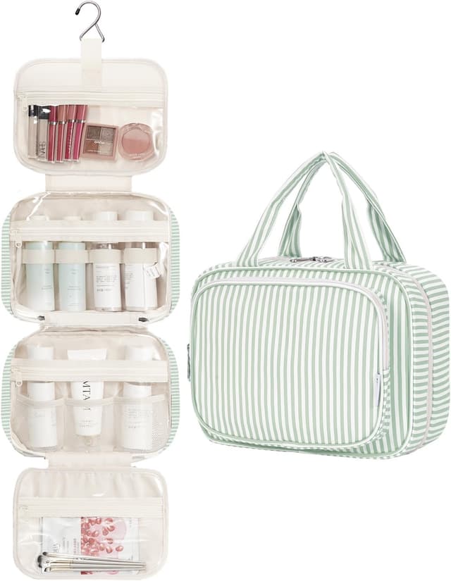 Detalle de Narwey Hanging Travel Toiletry Bag (Mint Green Stripe) – Medium organiser with 4 compartments
