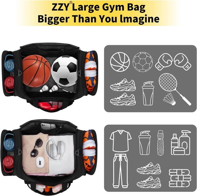 Detalle de 55L Large Sports Holdall Bags (22 Inch) Men’s Gym Duffle with Multi-Pockets – Black