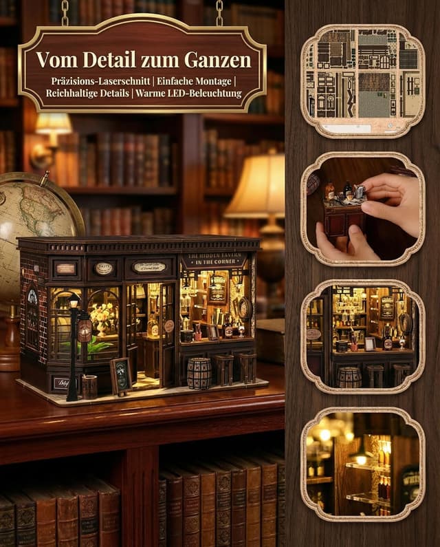 Detalle 2 de Book Nook Kit Taverne – 3D Holzpuzzle mit LED-Licht, DIY Miniatur-Haus & Werkzeug-Set (ab 14)