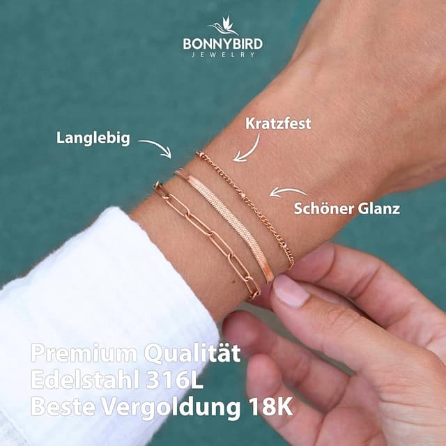 Detalle de BONNYBIRD Premium Edelstahl-Armband-Set Damen „BonnyShine“ in Silber, Gold & Roségold – 100% wasserfest