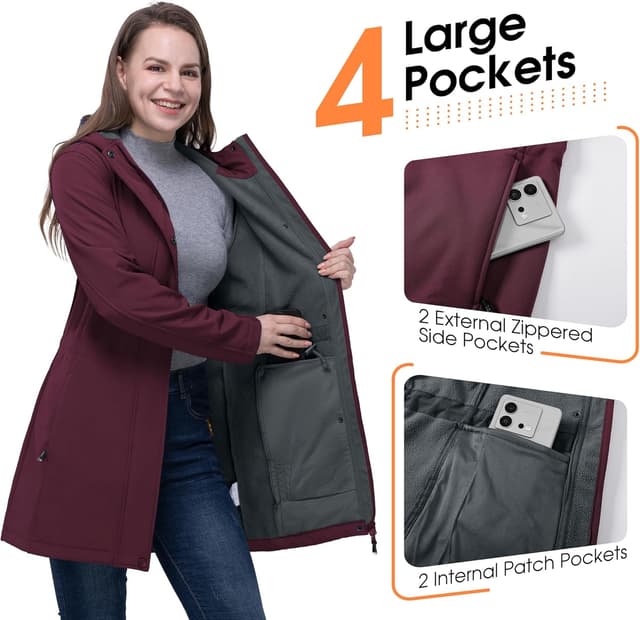 Detalle de 33,000ft Women’s Softshell Jacket with Hood – Waterproof, windproof fleece-lined long coat