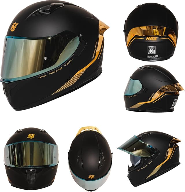 Detalle de HAX Obsidian Full Face Dual Visor Adult Motorcycle Helmet (Pinlock Ready, DOT Approved) — Matte Black Gold, Size L