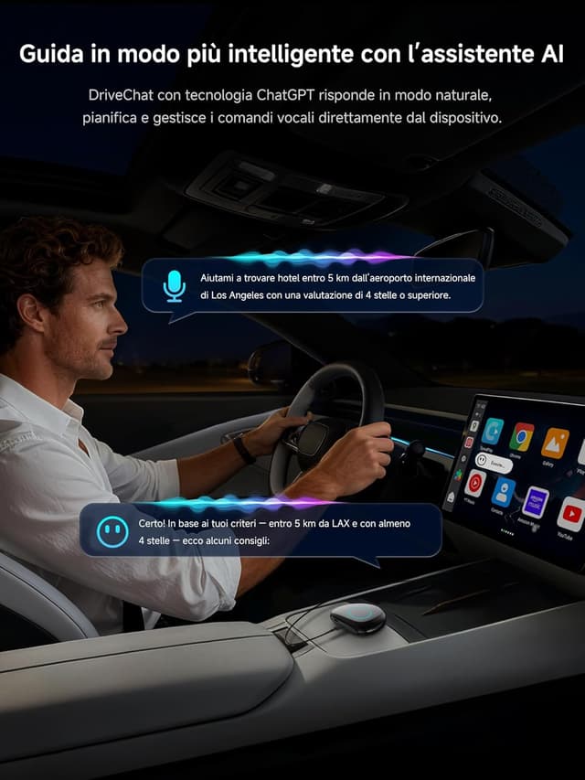 Detalle de ATOTODIRECT AI Box CB6C: adattatore wireless CarPlay e Android Auto con Android 13, 4G LTE, GPS e schermo diviso