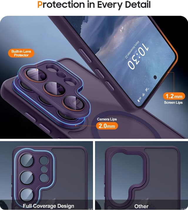 Detalle de JAME Magnetic Case for Samsung Galaxy S26 Ultra (Purple) with MagSafe fit, 2 screen protectors and camera lens protector