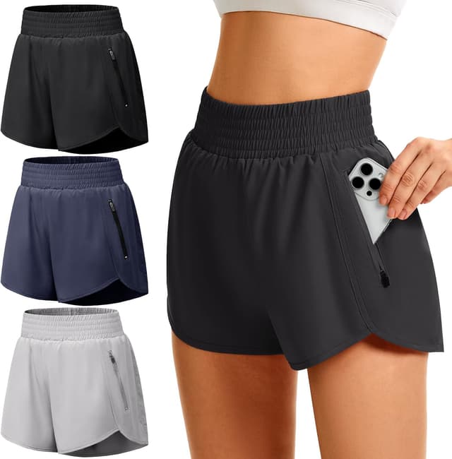 Detalle de GetGigt 3-Pack Women’s Running Shorts with Zipper Pockets, High Waisted Elastic & Liner