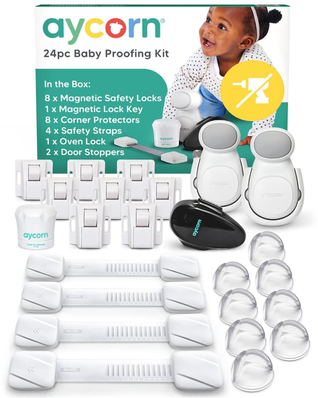 Detalle de Aycorn Kindersicherung Set (24 Teile) – magnetische Schrankschlösser, Eckschutz, Türstopper und Ofenschloss (ohne Bohren)
