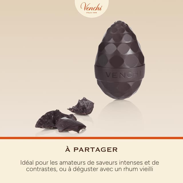Detalle de Venchi Œuf au chocolat noir salé 150 g (éclats de caramel salé) avec surprise, collection de Pâques