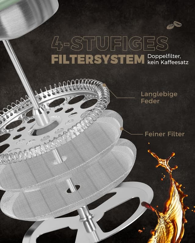 Detalle 2 de Poliviar French Press Kaffeebereiter Flatland (Grün) JX2020-FPN-DE – 1 Liter für bis zu 8 Tassen