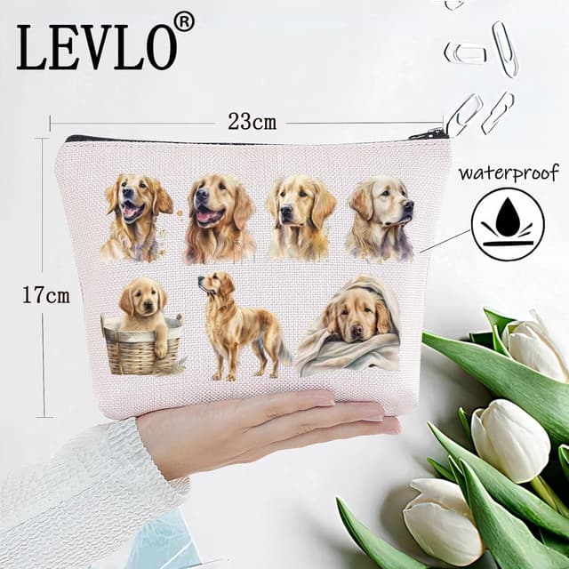 Detalle de LEVLO Golden Retriever Cosmetic Bag (23cm x 17cm) – Mom Travel Pouch gift