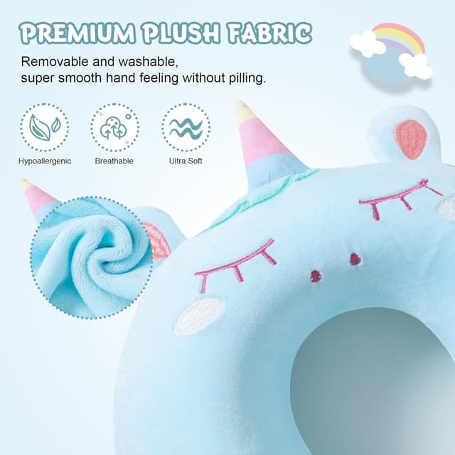 Detalle de Cirorld Kids Travel Pillow & Neck Support with Memory Foam and Sleep Mask (Blue Unicorn)